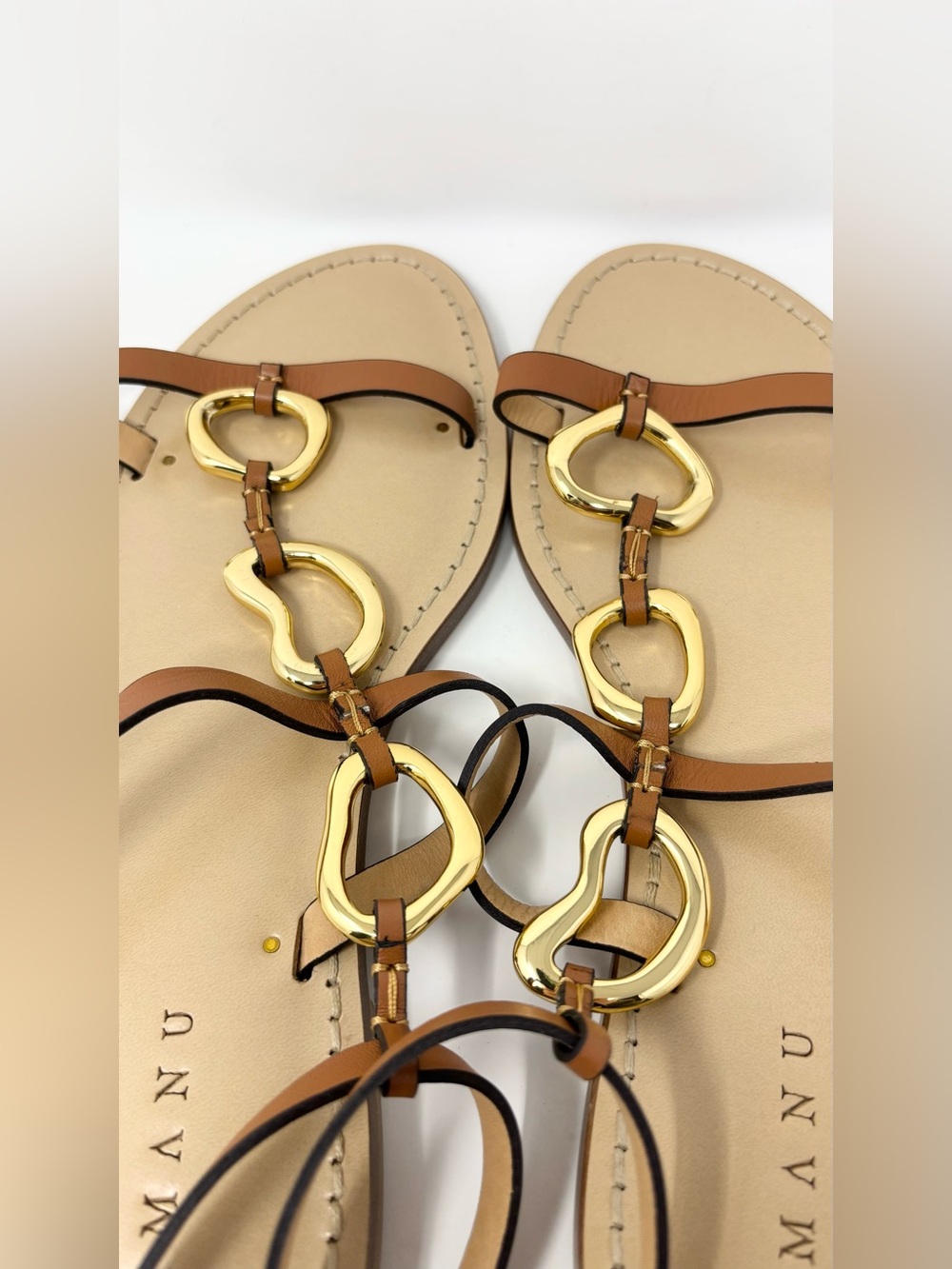 AMANU The Bazaruto Embellished Leather Sandals Cognac Gold Size 40 / 10 NWT - Picture 10 of 16